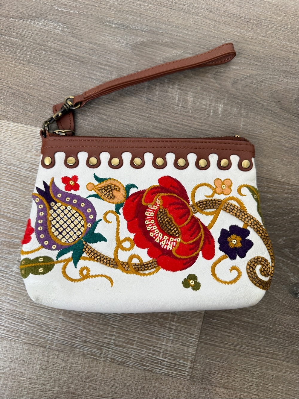 Isabella Fiore White Floral Embroidered Beaded Sequin Leather Wristlet